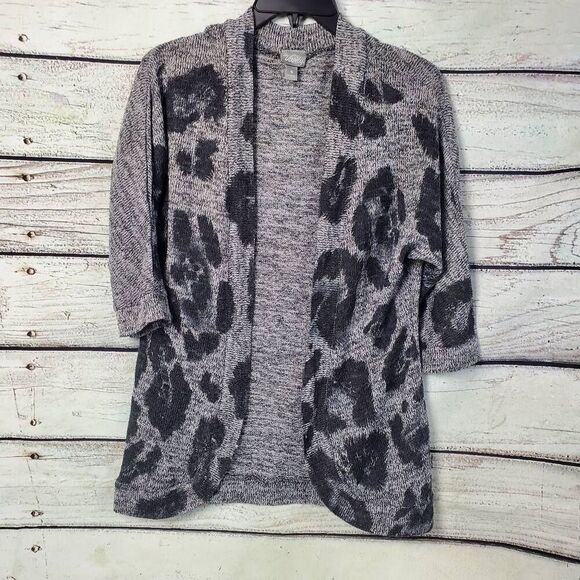 Vanity Women's Small Leopard Print Open Front Cardigan Gray Black 3/4 Sleeve Kni - Picture 1 of 7